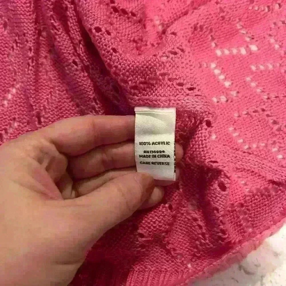 Women’s Sioni Studio Pink Ruffle Crochet Short Sleeve Long Cardigan Size Large - Picture 4 of 5